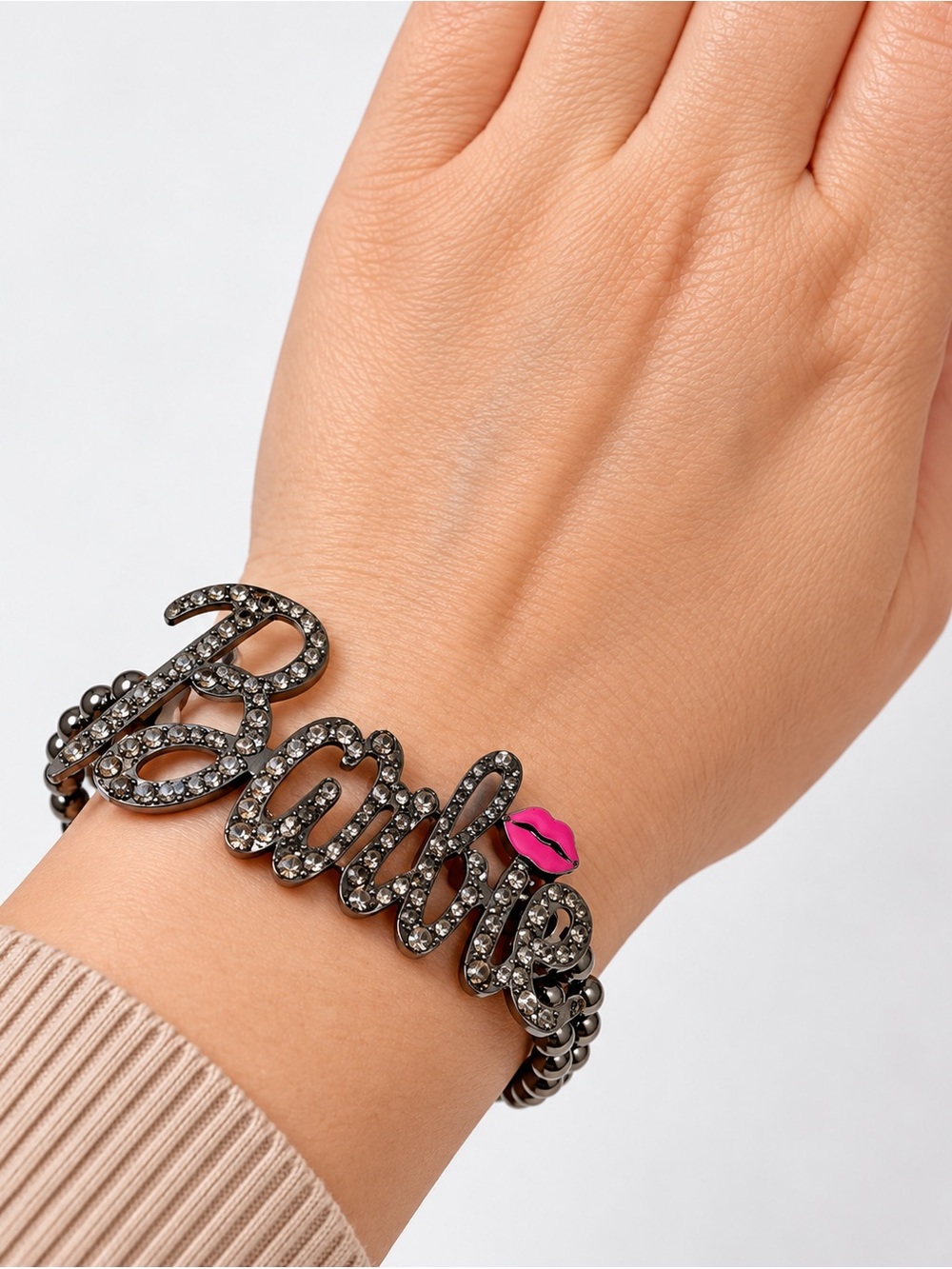 Barbie Crystal‎ Dark Metal Ball Beaded Stretch Bracelet with Lips Kiss